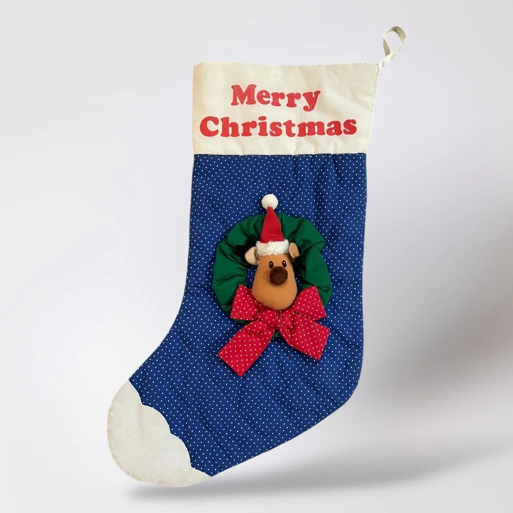 Russ Christmas Stocking‎ Blue Polka Dot Reindeer Wreath Merry Christmas Holiday
